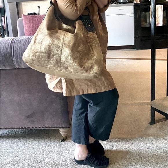 Large Distressed Leather Gold Hobo with Studded Leather Handle - Picture 2 of 14